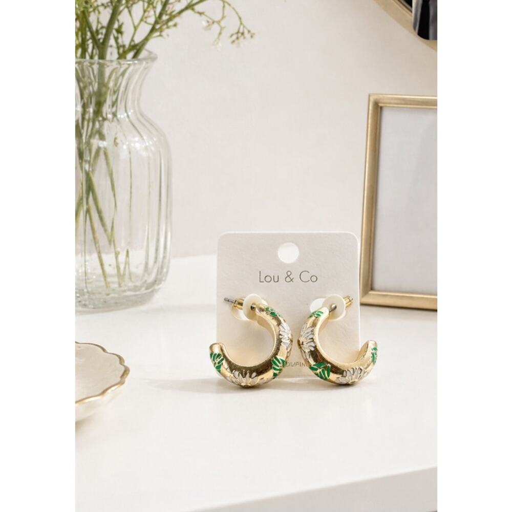 Lou & Co Gold Green White Floral Hoop Earrings New